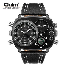 Oulm Military Watches with Dual Time Zone Unique Design and Leather Band Watch