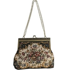Vintage Tapestry Kisslock Handbag Black Floral Gold Chain Purse Evening Bag