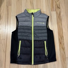Free Country gray & black puffer vest with neon green zipper accents #outdoor