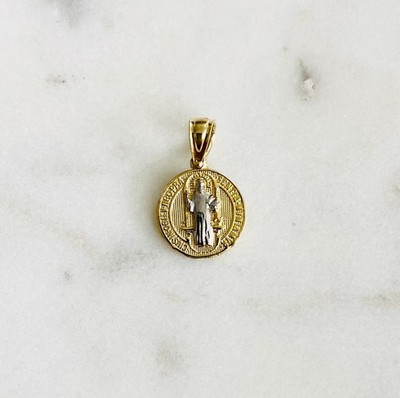 Kleiner winziger 14K massiver zweifarbiger Gold 10mm Heiliger Benedikt Anhänger Charm religiös