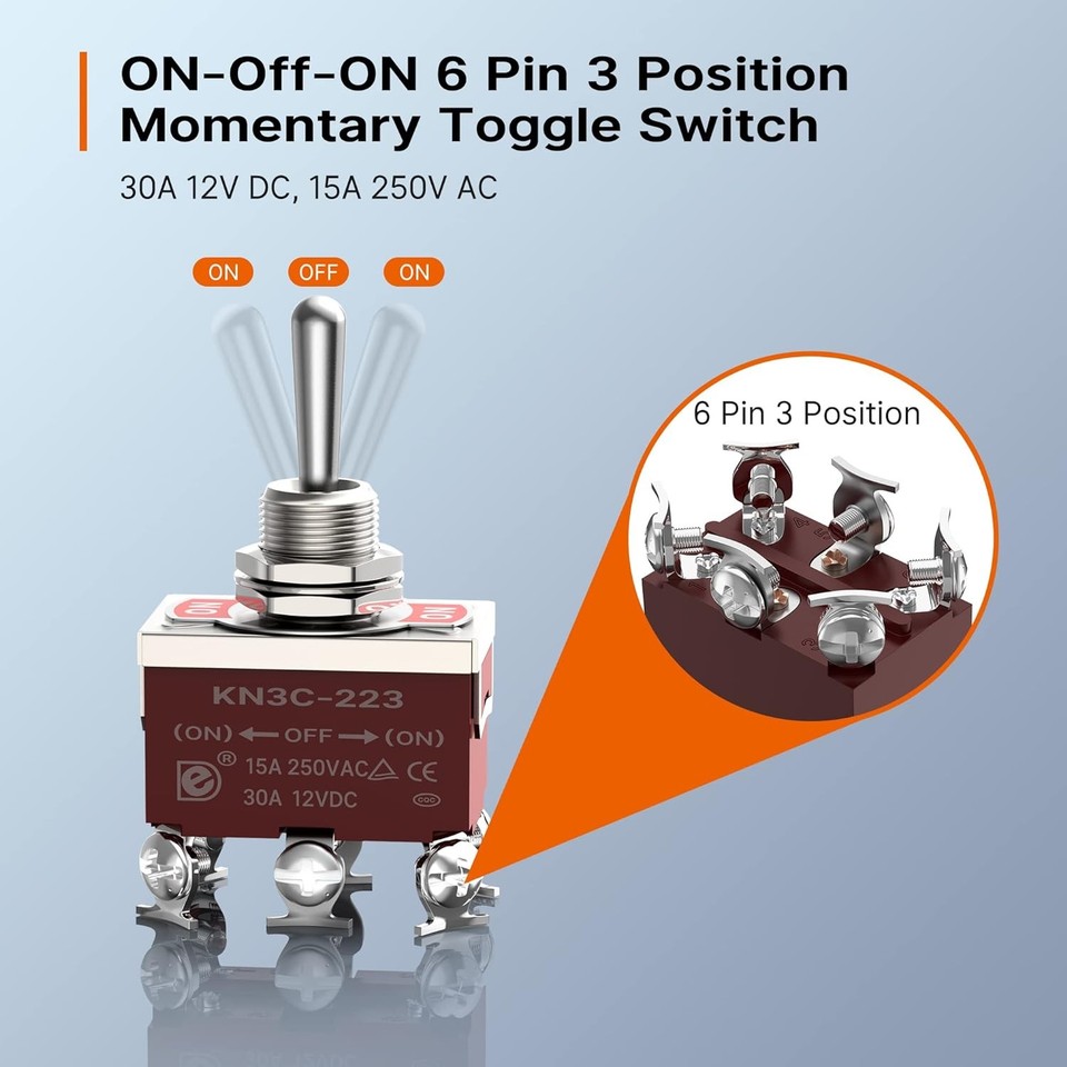 DPDT Toggle Switch - ON-Off-ON Configuration, 5A 250V AC, Panel Mount, Solder Terminals | 1MD3T1B5M1QE