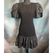 Albert Nipon Vintage Late 80s Black Puff Sleeve Bow Ruffle Cocktail Dress Size 8