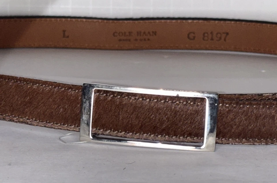 Vintage COLE HAAN Brown Belt Calf Hair Leather Silver Buckle size L 32” - 36” - Image 2 of 4