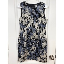 H&M Floral Jacquard Sheath Dress Black Blue 10 EUC