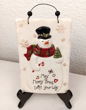 GRASSLANDS ROAD Ceramic Christmas Snowman Wall Plaque "May Merry Times Drift" 8"
