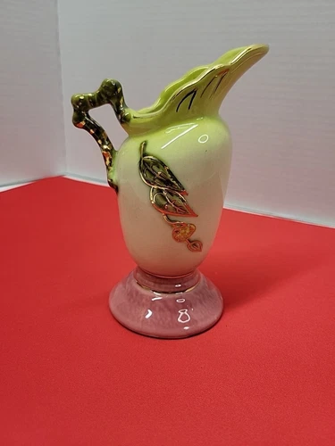 Vintage Hull Pottery 6" Green Pink Glazed Hand Painted Pitcher Ewer Creamer Vase