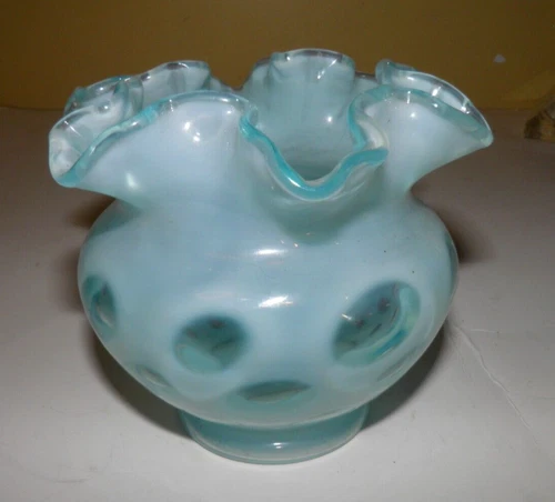 Fenton Ruffled Edge Coin Dot Vase Bowl Aqua Blue Opalescent Glass