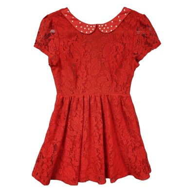 Keds Mini Dress Junior Sz Medium Red Peter Pan Collar Faux Pearl Lace  Overlay | eBay