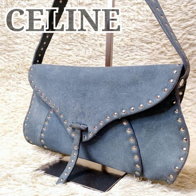 Celine Handbag Accessory Pouch Studs Suede Leather Blue Shipped from Japan