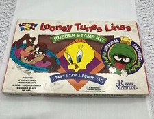 VINTAGE LOONEY TUNES 12 Rubber Stamps Kit Washable Black Ink Pad Set 1994