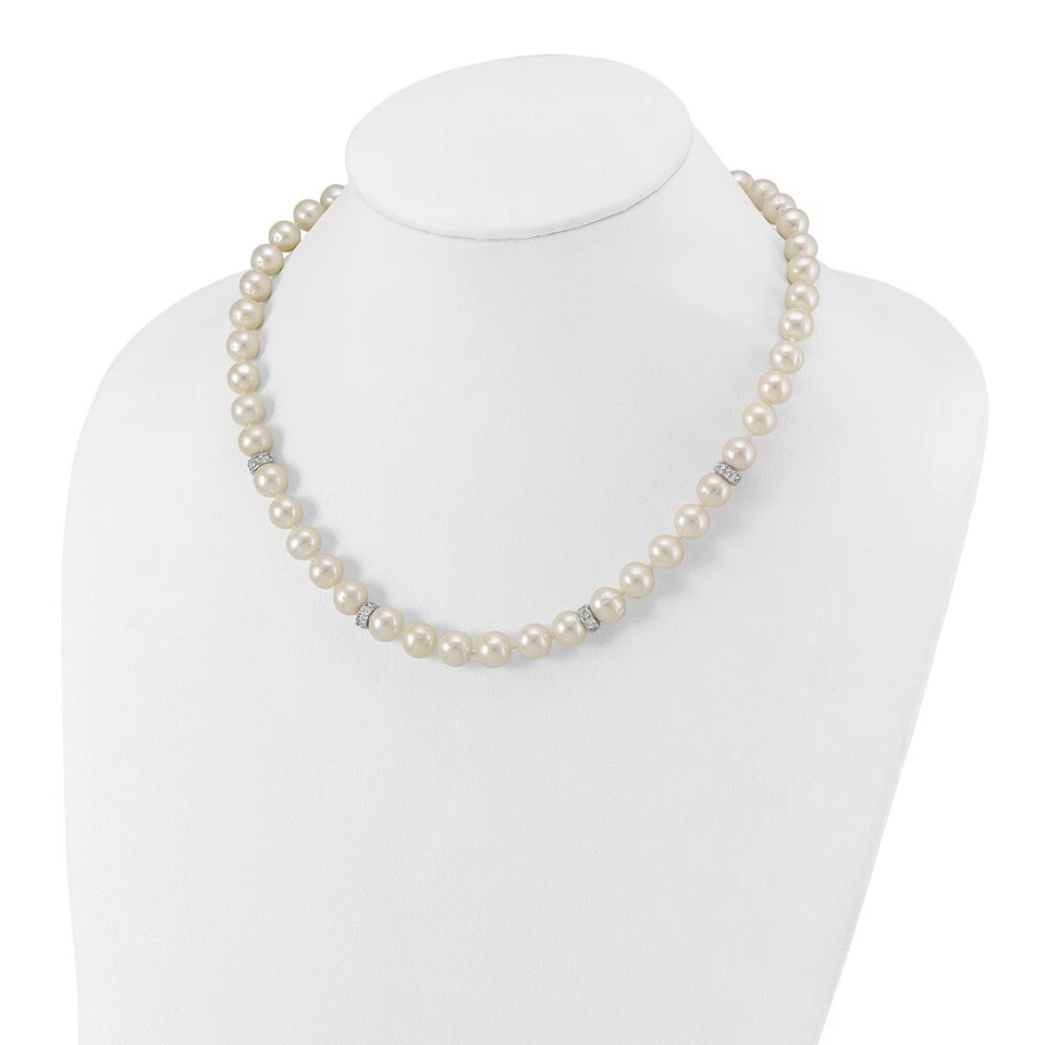 Sterling Silver 9-10mm White Near Round FWC Pearl Cubic Zirconia 18" Necklace - Image 2 of 2