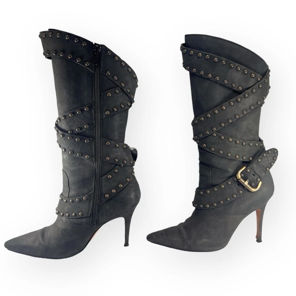 Manolo Blahnik YKK Correa Media Pantorrilla Cuero Tachonado Botas Negras Tacones de aguja - 38 Foto 3 de 4