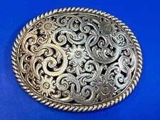 Western Cowboy Cowgirls Flower Swirl Ornate Rope Border Silver Tone Belt Buckle