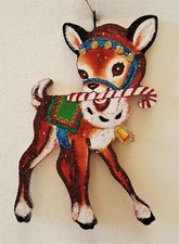 REINDEER w/ CANDY CANE * Glittered WOOD CHRISTMAS ORNAMENT * Vtg Img