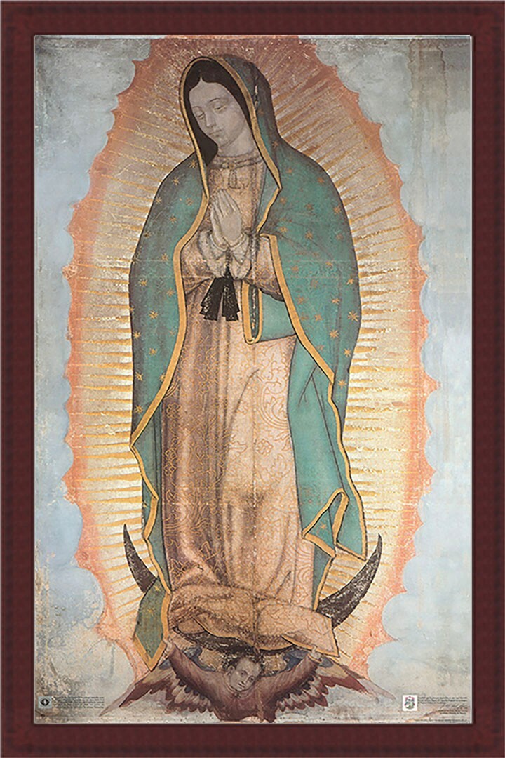Our Lady of Guadalupe Religious on Stretched Canvas 24"x36" with a Cherry Frame 