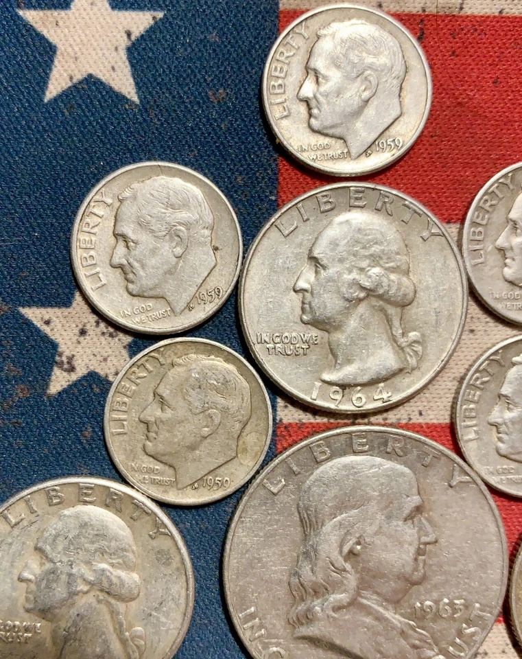 90% Silver 1963 D FRANKLIN HALF DOllAR 4 1964 Quarters 10 1959 D Dimes 2 Walkers - Image 3 of 4