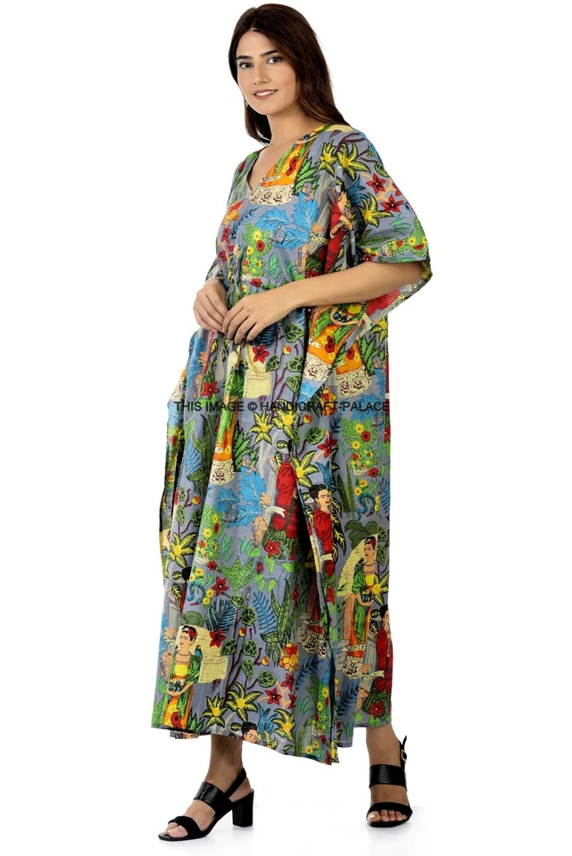Kaftan En Coton Indien Floral Long Caftan De Plage Robe De Nuit Grande Taille - Photo 3/4