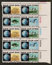 US USA Sc# 1413a MNH FVF PLATE # BLOCK of 10 Conservation Soil Water Air Cities