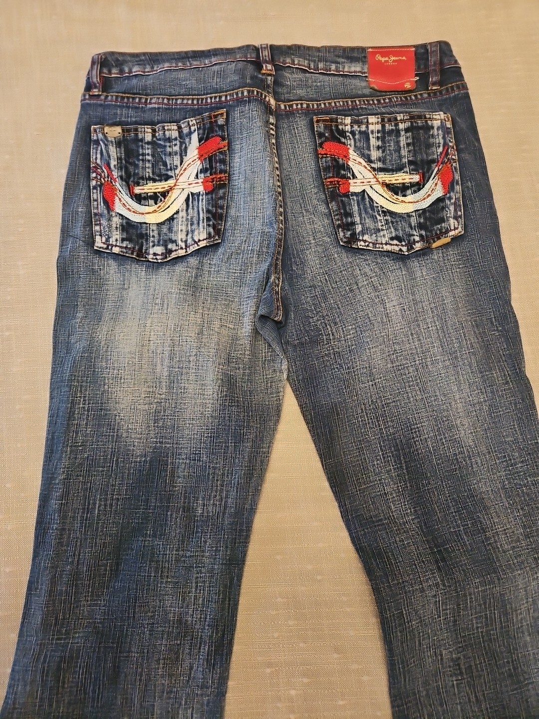 Pepe Jeans London 34 Women Blue Denim Bootcut Red White Embroidered Y2K Western