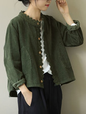 Womens Corduroy Blouse Shirt Coat Jacket Top Lace Button Loose Casual Outwear Sz