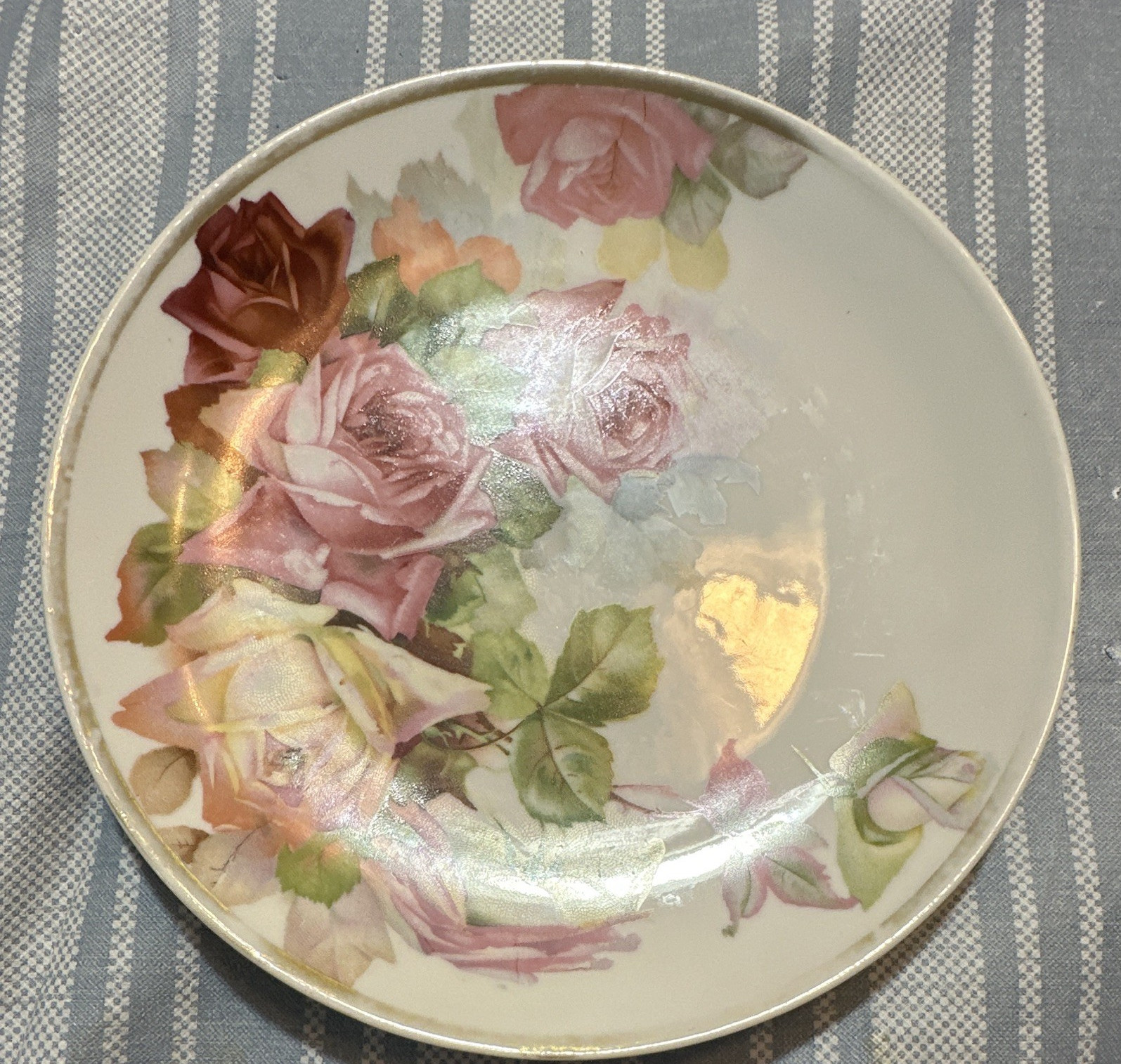 Porcelain Floral Pink Rose Plate White Glossy Round Printed Backstamp