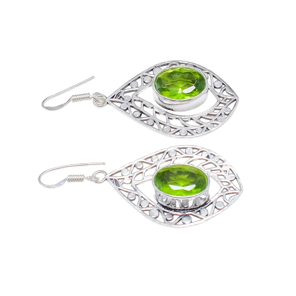 Green Peridot Gemstone Handmade 925 Sterling Silver Jewelry Earring Size-2" - Image 3 of 4