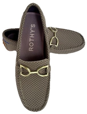 Rothy s The Double Bit Driver Loafer Latte Micro check Size 7.5 gold accent  NWT