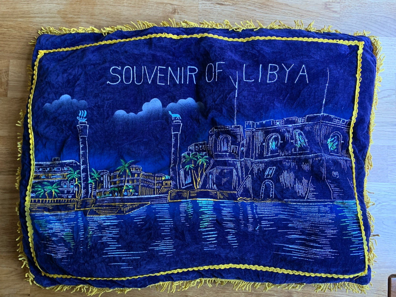 Souvenir of Libya Pillow Cover Black Velvet Vintage Rare 1960s Velor