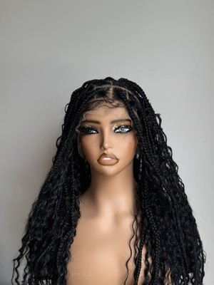Boho Perücke lang geflochten Vollspitze, 22 cm, schwarz