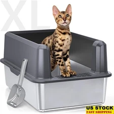 XL Stainless Steel Cat Litter Box High Sided Enclosure Easy Clean Mess Free New