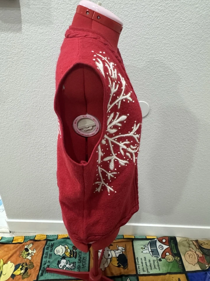 Coldwater Creek Feo Navidad Suéter Chaleco Bordado Rojo Blanco Lana Talla L Foto 3 de 4