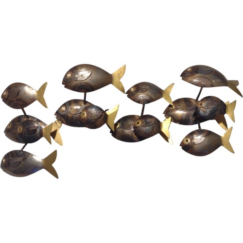 Vintage Mid Century School Of Fish Brass Metal Wall Sculpture 18" Nautical Art