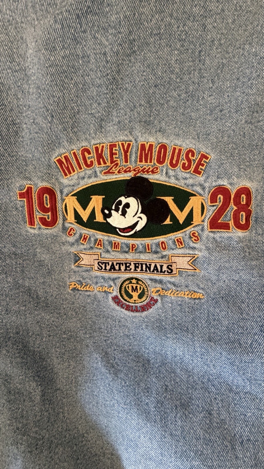 Disney Vintage 90s Mickey Mouse Unisex Kids Denim Varsity Jacket  Size L image 3