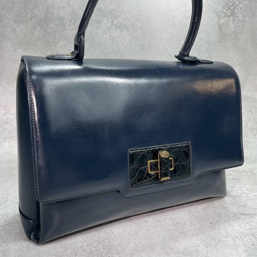 Gucci Navy Leather Turn Lock Handbag Vintage Gold Hardware Large Top Handle