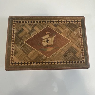 Vintage Japanese Yosegi Wood Puzzle Box Sliding Reversible Scottie Dog & Ship - Image 1 of 4