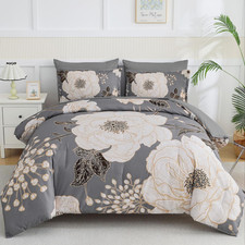 Floral King Comforter Set 7 Pieces Bed in a Bag, White Flower Print on Grey Bedd