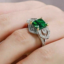3.10 Ct Emerald Cut Emerald & Moissanite Ring 14K White Gold Finish