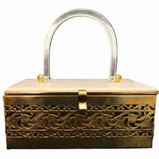 Lucite pearl purse box brass filigree trim with Mirror handbag 1950 mid century