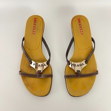 Prada | Auth Brown Leather Silver Logo Buckle Kitten Sandal Heels (34.5)