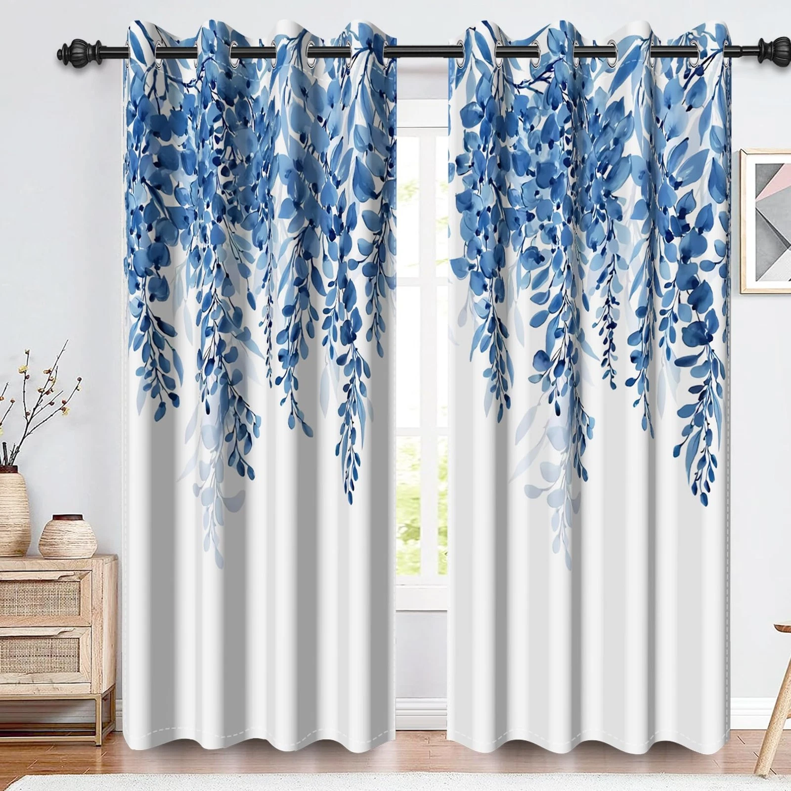 Blue Leaves Blackout Curtains for Bedroom Sage Leaf Botanical Window Curtain ...