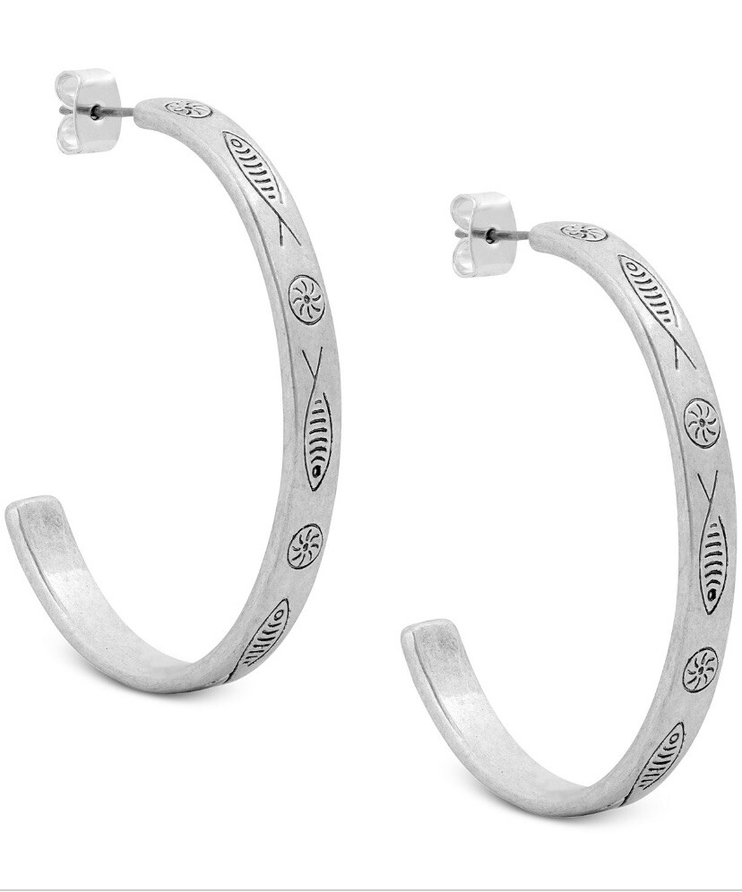 $29 Lucky Brand Women's Fish Etched open Hoop Earrings Silver LJ17