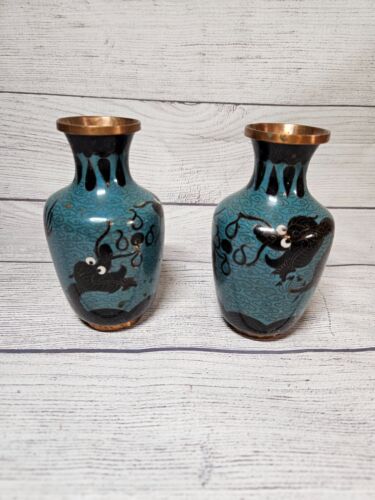 Vintage PAIR Of Chinese Copper/ Bronze 5.5" Vases - Blue w/ Dragon Designs