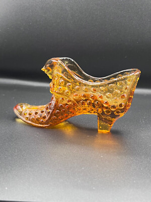 Vintage Fenton Amber Glass Hobnail Cat's Head Shoe Slipper