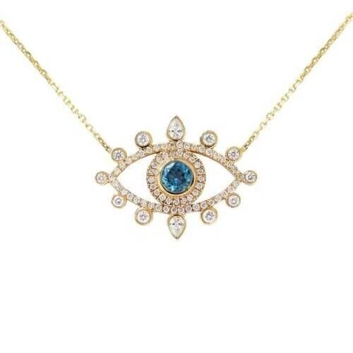 2Ct Round Cut Blue Topaz Evil Eye Pendant With Free Chain 14k Yellow Gold Finish - Image 4 of 4