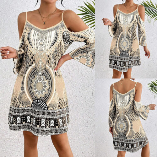 Womens Printed Cold Sholder Summer Mini Dress Ladies Casual Boho Beach Dresses