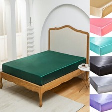 Luxury Satin Silk Bed Fitted Sheet Solid Color Glossy Twin Full Queen King Size