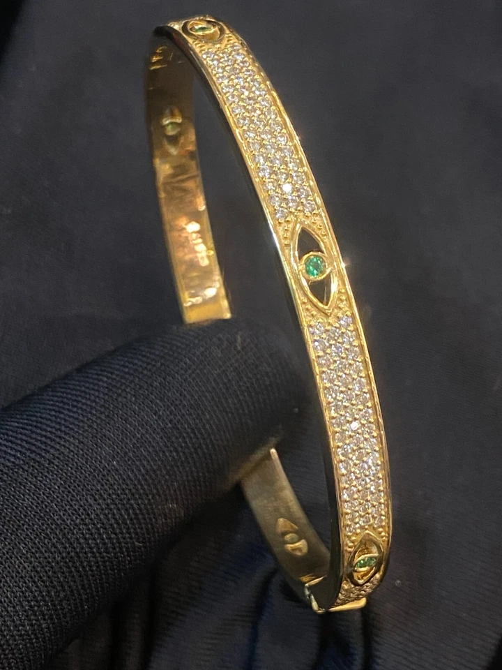 Pave 2,62 Cts Runde Brilliant Cut Diamanten Smaragd Evil Eye Armband In 14K Gold - Bild 3 von 4