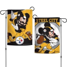 PITTSBURGH STEELERS STEEL CITY MICKEY MOUSE DISNEY 12"X18" 2 SIDED GARDEN FLAG