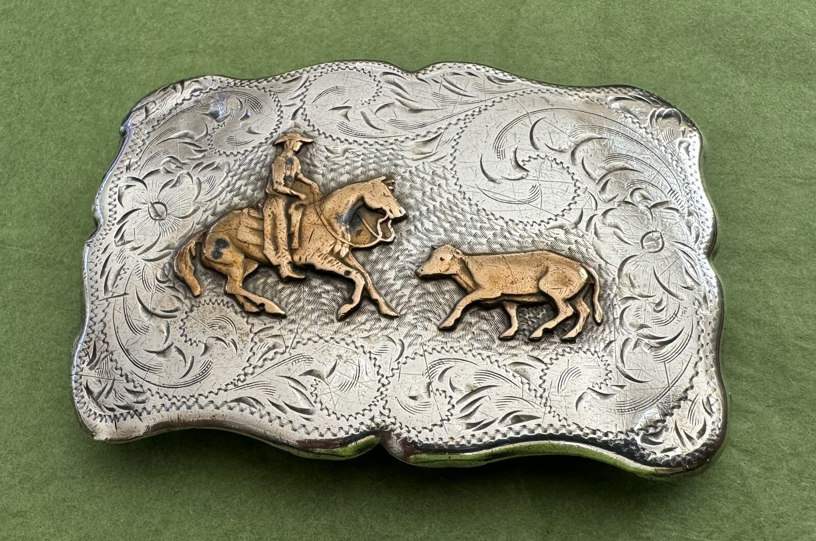 Vintage Old Western USA Diablo Sterling Silver Cutting Horse Trophy Belt Buckle