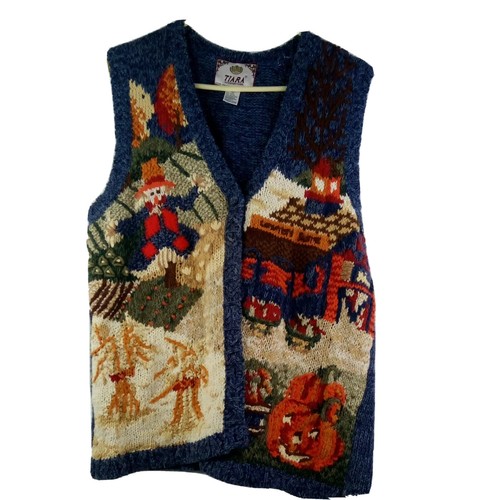 Tiara International Sweater Vest Womens Size L Fall Pumpkin Scarecrow